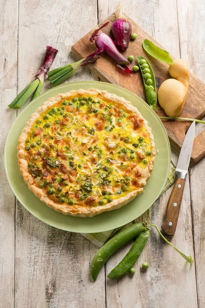 Savory Cake Green Peas Onion Scamorza Cheese — Stock Photo, Image