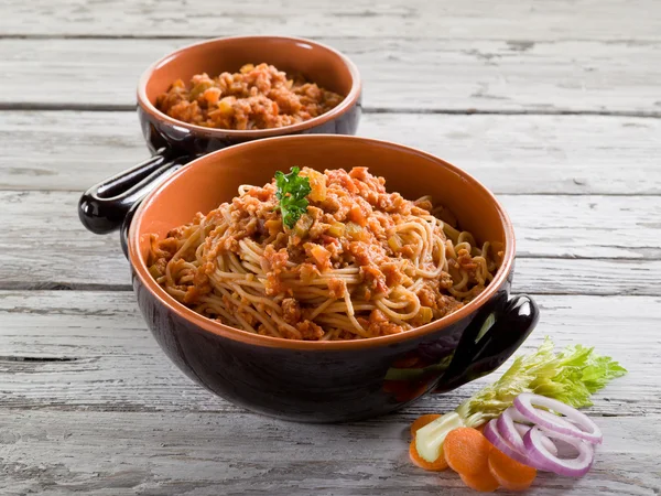Spaghetti with  soy ragout, vegetarian pasta — Stock Photo, Image