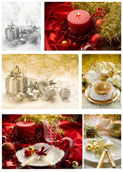 Collage de decoraciones navideñas y mesa — Foto de Stock