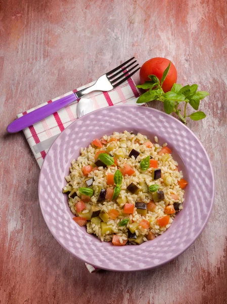 Risotto with eggplant and fresh tomatoes — Stock Photo, Image