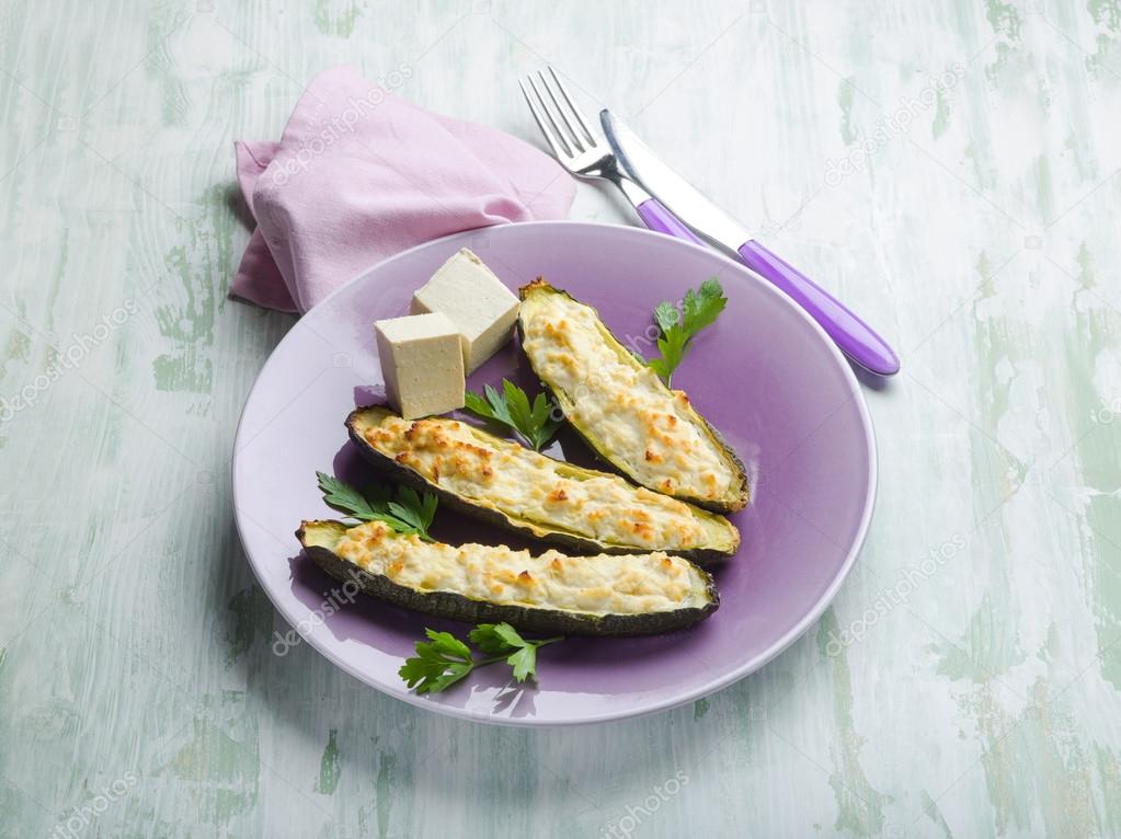 Zucchinis stuffed with tofu cheese, vegetarian food
