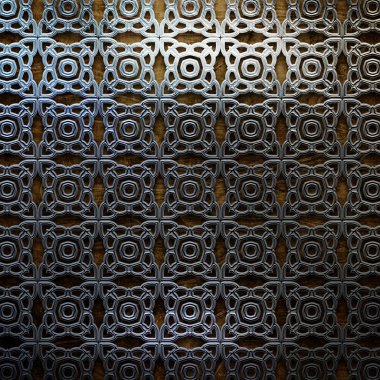 Eski ahşap zemin üzerine metal süs. Vintage koleksiyonu