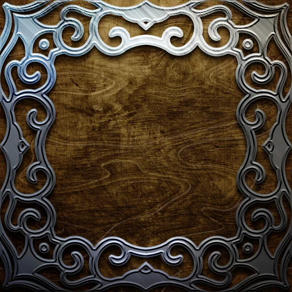 Cadre ornemental en métal sur un vieux fond en bois. Collection Vintage — Photo