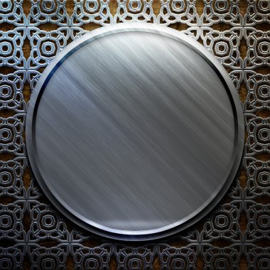 Metal shiel ile süsleme eski ahşap zemin üzerinde. Vintage koleksiyonu