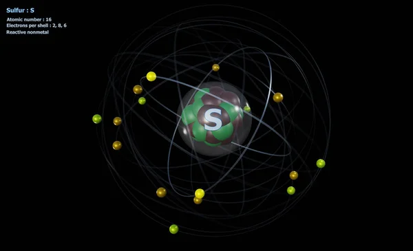 コアを持つ硫黄の原子と黒の背景を持つ16電子 — ストック写真