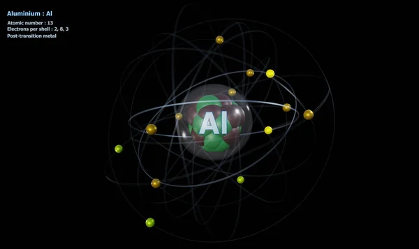 具有核心的铝原子和具有黑色背景的13个电子原子 — 图库照片