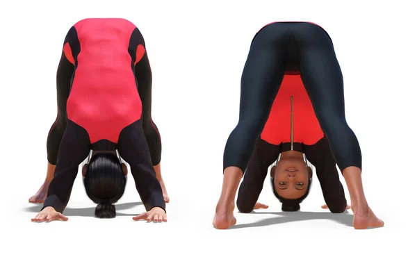 Front Back Poses Virtual Woman Sport Outfit Yoga Dolphin Pose — Stok Foto