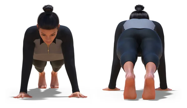 Postes Dianteiros Traseiros Uma Mulher Yoga Pose Prancha Com Fundo — Fotografia de Stock