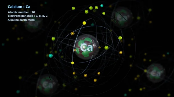 Átomo Calcio Con Núcleo Detallado Sus Electrones Con Átomos Fondo — Foto de Stock