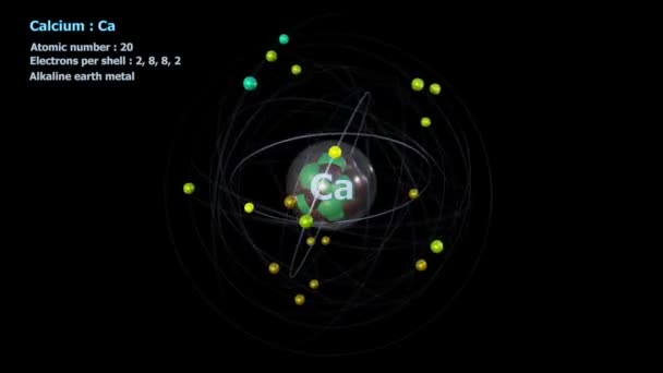 Átomo Cálcio Com Elétrons Rotação Orbital Infinita Com Fundo Preto — Vídeo de Stock