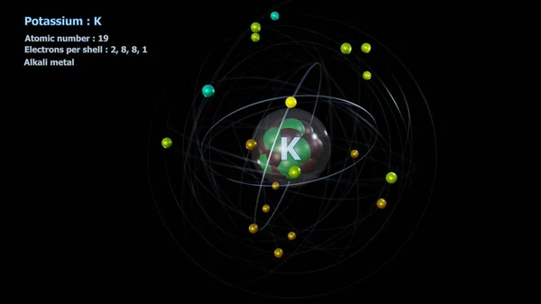 Atom Potassium Core Its Electrons Black Background — Stock Photo, Image