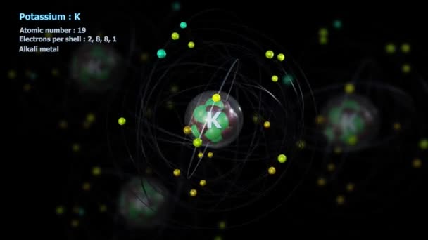 Átomo Potássio Com Elétrons Rotação Orbital Infinita Com Átomos Fundo — Vídeo de Stock