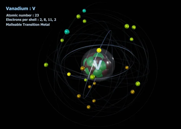 Atom Vanadium Detailed Core Its Electrons Black Background — Stock Photo, Image