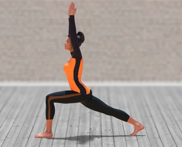 Virtual Woman Med Sport Outfit Yoga Warrior One Pose Med — Stockfoto