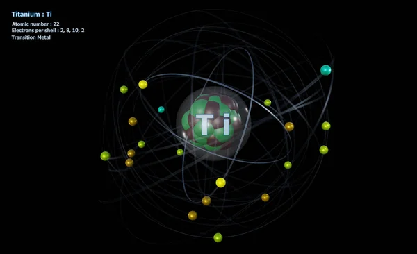 Atom Titanium Met Kern Elektronen Met Een Zwarte Achtergrond — Stockfoto