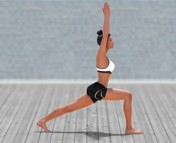 Virtual Woman Yoga Warrior One Pose Med Klar Trägolv Och — Stockfoto