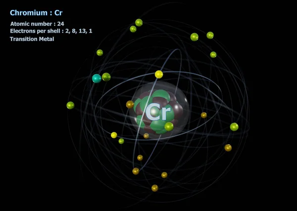 Atom Chromium Detailed Core Its Electrons Black Background — Stock Photo, Image