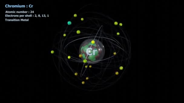 Atome Chrome Avec Électrons Rotation Orbitale Infinie Sur Noir — Video