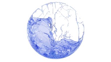 Küreyi andıran kırık bir görünümle izole edilmiş küresel bir şekil ve beyaz arkaplanda lekeler olan mavi sulu bir dokusu var.