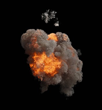 Büyük bir duman ve ateş bulutu, parlak turuncu bir alev ve yoğun gri bir duman, siyah bir arka planda yükseliyor.