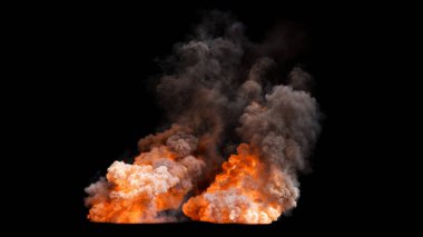 Şiddetli dalgalanan alevler ve siyah arka planda yoğun gri dumanla izole edilmiş iki büyük patlama.