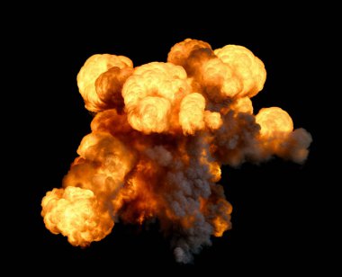 Havadan izole edilmiş parlak turuncu ve sarı alevler siyah bir arka planda siyah dumanla çevrili.