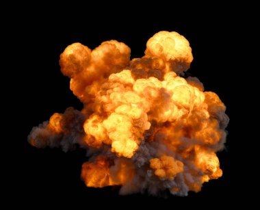 Siyah arka planda yoğun dumanla çevrili turuncu ve sarı renkli geniş bir hava patlaması.