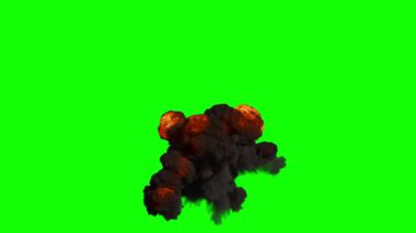 Değişen sarı ve turuncu alevlerdeki hava patlaması ve yeşil arka planda hızla dağılan yoğun gri duman.