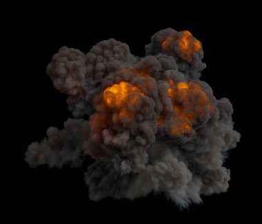 Siyah arka planda yoğun siyah duman ve parlak turuncu alevlerle izole edilmiş büyük bir hava patlaması.