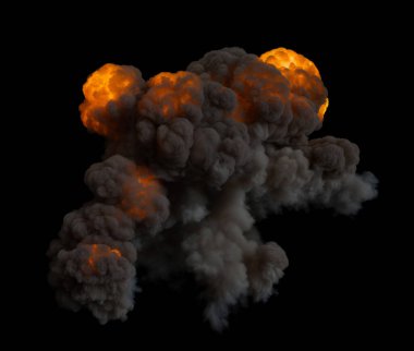 Üstü parlak turuncu bir parıltıyla izole edilmiş hava patlaması ve siyah arka planda dalgalanan siyah dumanla çevrili.