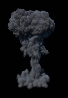 Nükleer bir patlamanın izole edilmiş koyu ve yoğun duman bulutu dışa doğru yayılıyor ve siyah arka planda merkezi bir noktadan yükseliyor.