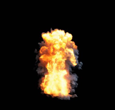 Parlak merkezli güçlü bir patlama ve yoğun turuncu ve sarı renkler siyah arka planda dalgalanan dumanla çevrili.