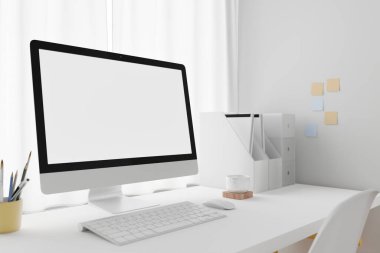 Boş dizüstü bilgisayarı olan çalışma alanı. 3B Hazırlama.