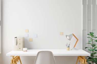 İş yerindeki ofis ofis masası malzemeleri. 3B Hazırlama.