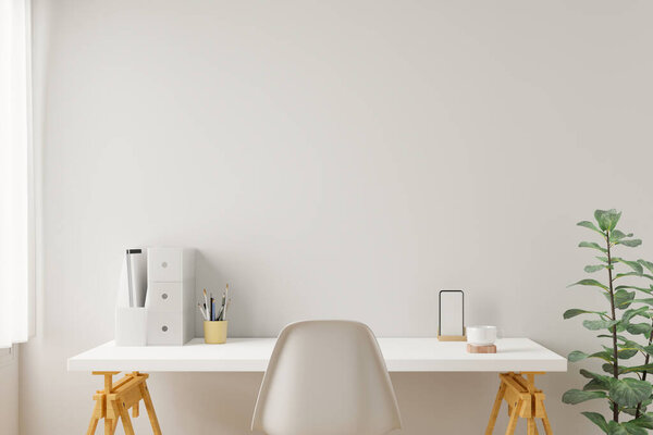 Офисные принадлежности для офиса на рабочем месте. 3D рендеринг.