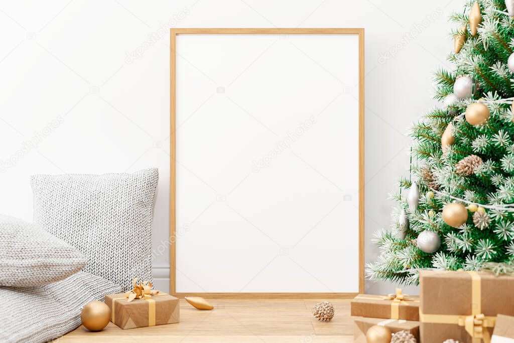 Interior wall mock up with vertical wooden poster photo frame, pillows and christmas tree and decoration. 3D Rendering. 