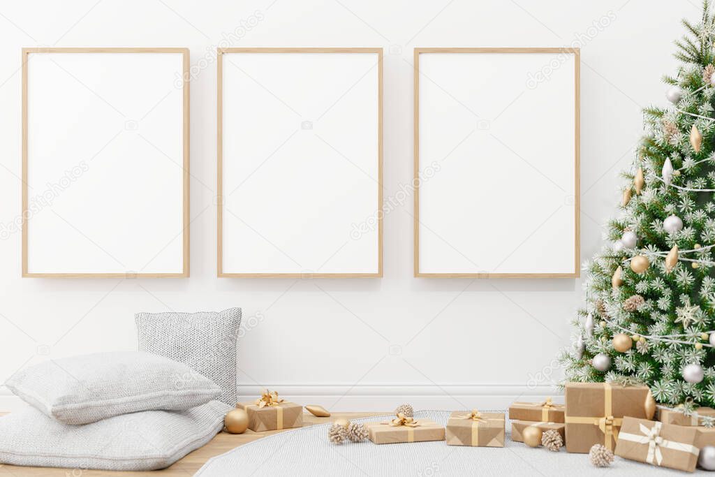 Interior wall mock up with vertical wooden poster photo frame, pillows and christmas tree and decoration. 3D Rendering. 
