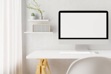 Boş dizüstü bilgisayarı olan çalışma alanı. 3B Hazırlama.