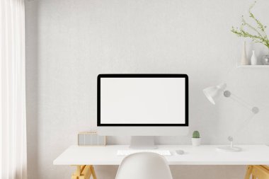 Boş dizüstü bilgisayarı olan çalışma alanı. 3B Hazırlama.