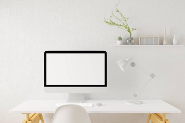 Boş dizüstü bilgisayarı olan çalışma alanı. 3B Hazırlama.