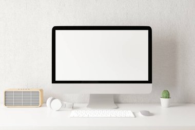 Boş dizüstü bilgisayarı olan çalışma alanı. 3B Hazırlama.