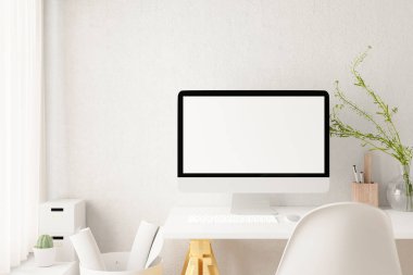 Boş dizüstü bilgisayarı olan çalışma alanı. 3B Hazırlama.