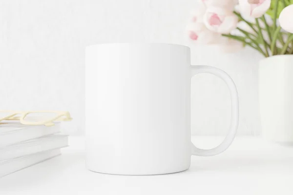 Spring White Mug Mockup Table Tulips Books Coffee Cup Template — Stock Photo, Image