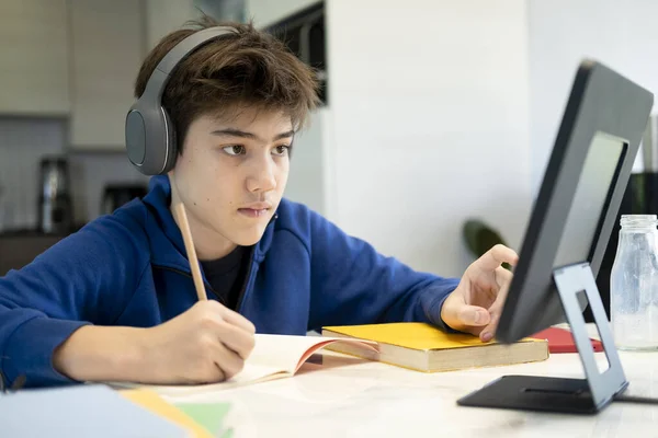 Niño Usando Computadora Dispositivo Móvil Estudiando Línea Educación Aprendizaje Línea —  Fotos de Stock