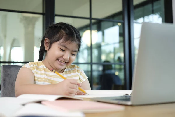Cute Happy Little Girl Children Using Laptop Computer Studying Online — Stock Photo, Image
