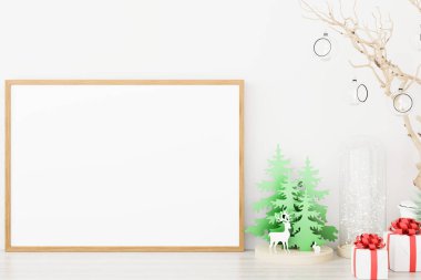 Yılbaşı süslemeli bir poster çerçevesi. 3B oluşturuldu.