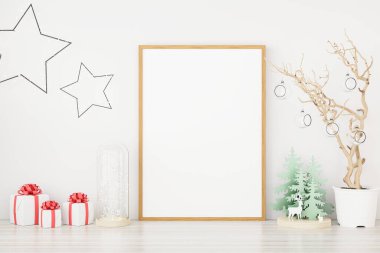 Yılbaşı süslemeli bir poster çerçevesi. 3B oluşturuldu.