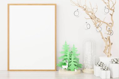 Yılbaşı süslemeli bir poster çerçevesi. 3B oluşturuldu.