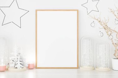 Yılbaşı süslemeli bir poster çerçevesi. 3B oluşturuldu.