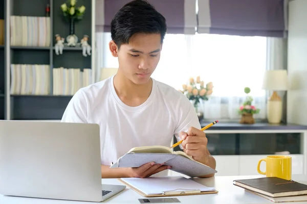 Young Man Working Studying Online Watching Webinar Podcast Laptop Listening — Stock Photo, Image